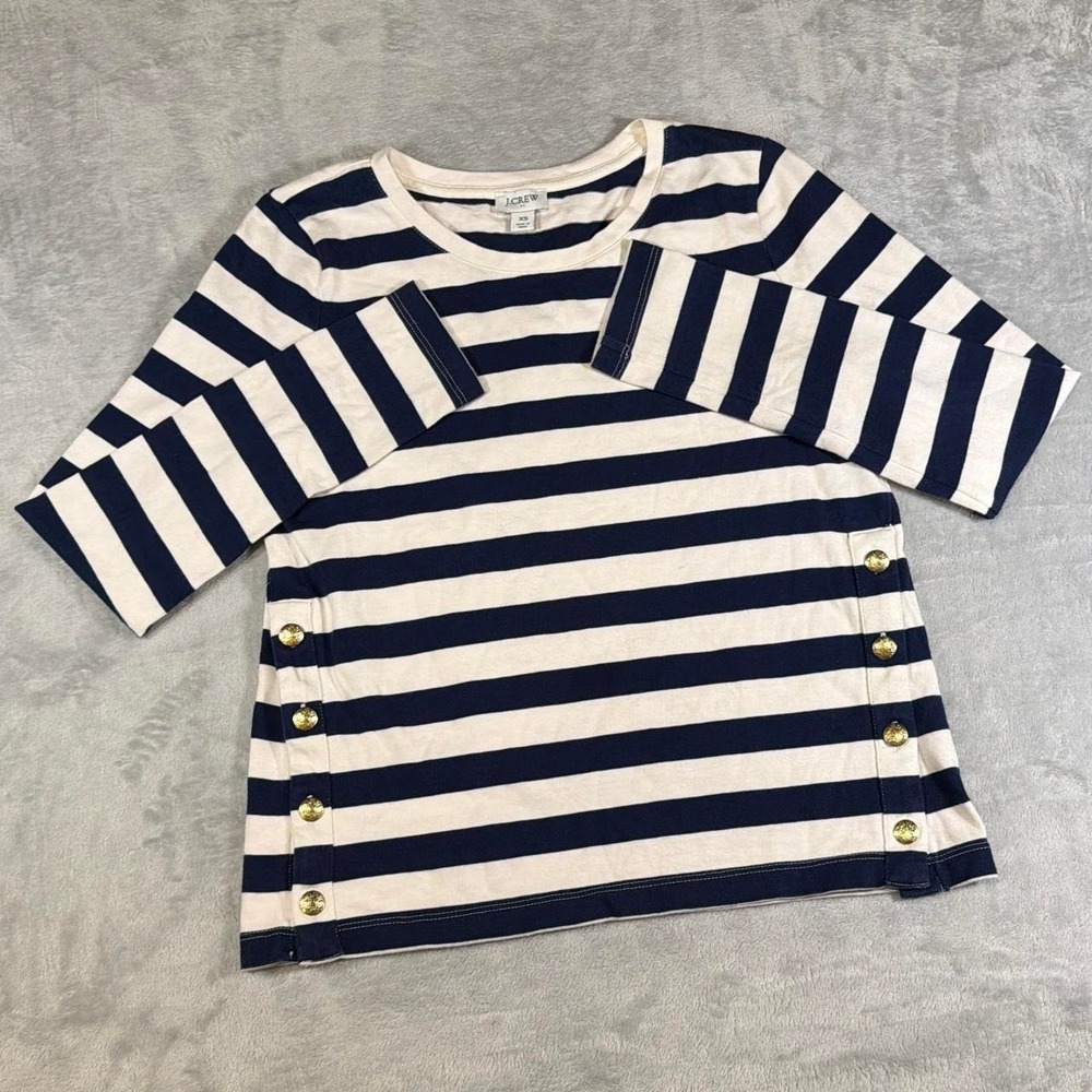 Y2K Vintage J.Crew Striped Button Side Long Sleeve Top | Navy & Cream | XS